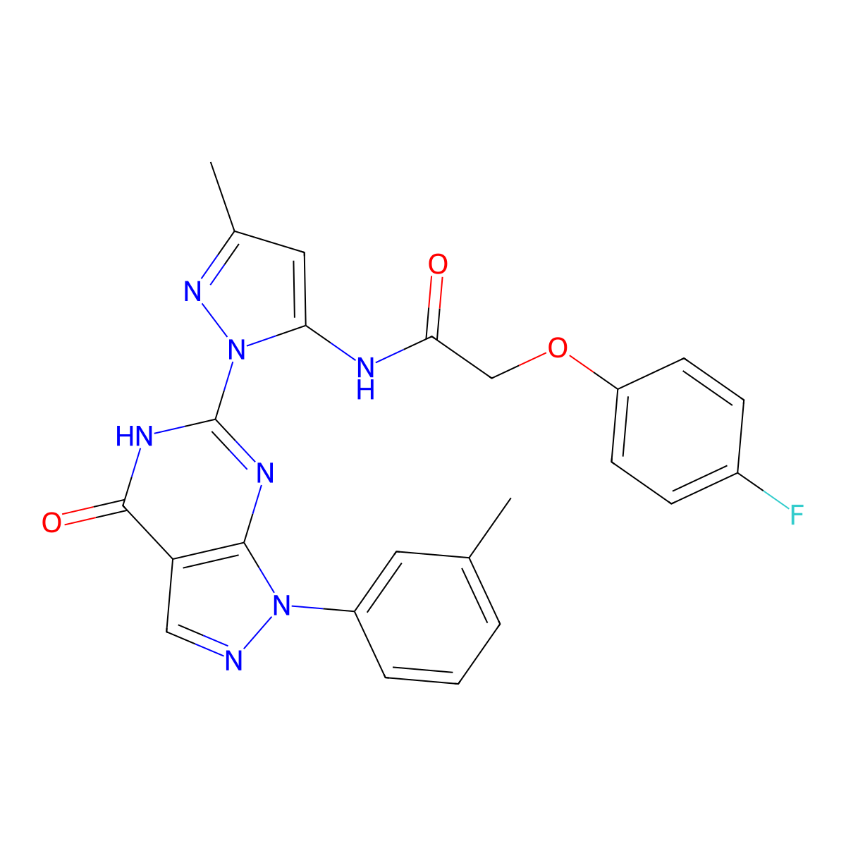 2-(4-fluorophenoxy)-N-(3-methyl-1-(4-oxo-1-(m-tolyl)-4,5-dihydro-1H-pyrazolo[3,4-d]pyrimidin-6-yl)-1H-pyrazol-5-yl)acetamide molecular structure, CAS 1171077-98-7