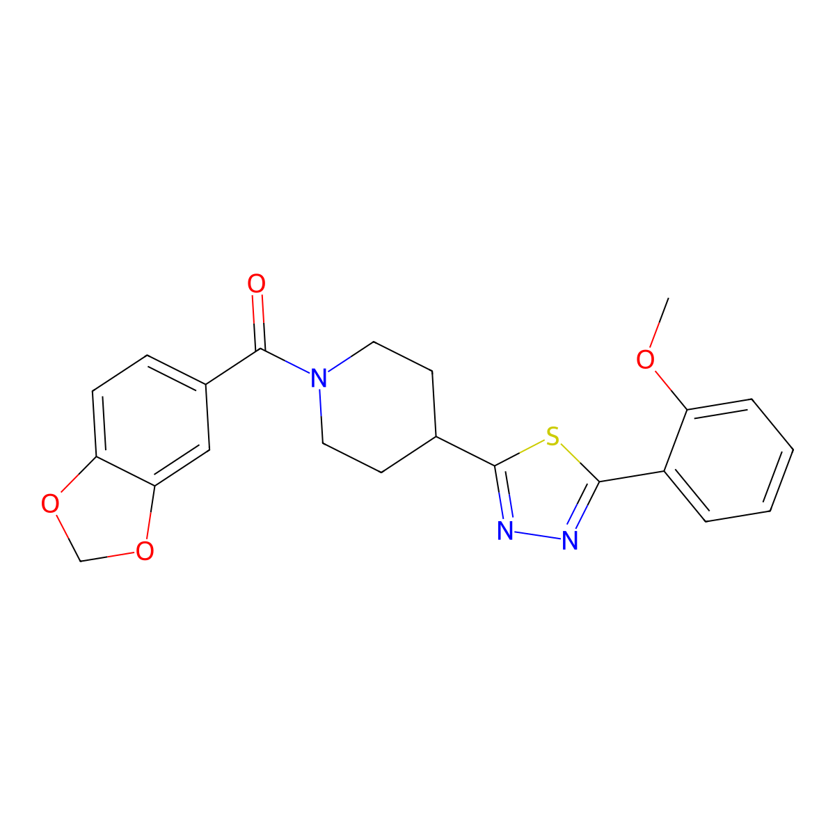 Benzo[d][1,3]dioxol-5-yl(4-(5-(2-methoxyphenyl)-1,3,4-thiadiazol-2-yl)piperidin-1-yl)methanone molecular structure, CAS 1171078-09-3