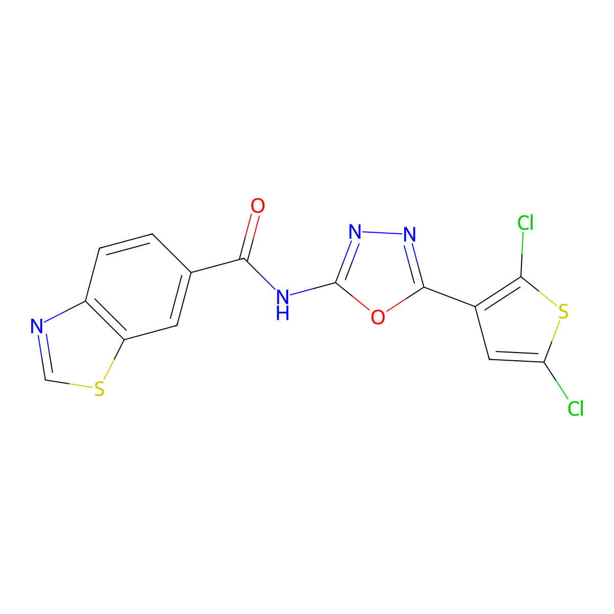 N-(5-(2,5-dichlorothiophen-3-yl)-1,3,4-oxadiazol-2-yl)benzo[d]thiazole-6-carboxamide molecular structure, CAS 1171078-70-8