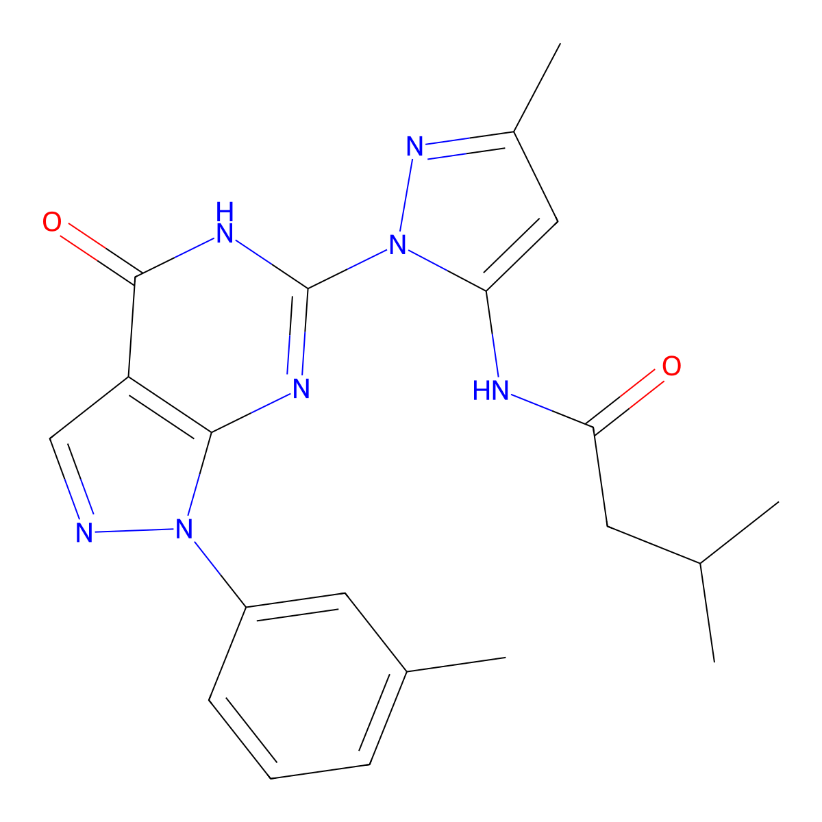3-methyl-N-(3-methyl-1-(4-oxo-1-(m-tolyl)-4,5-dihydro-1H-pyrazolo[3,4-d]pyrimidin-6-yl)-1H-pyrazol-5-yl)butanamide molecular structure, CAS 1171085-11-2