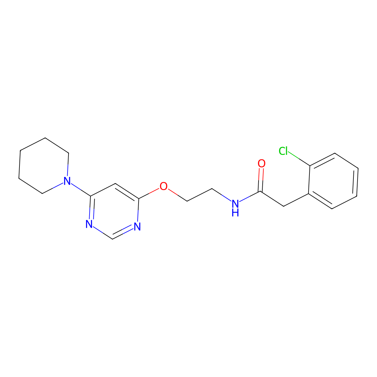 2-(2-chlorophenyl)-N-(2-((6-(piperidin-1-yl)pyrimidin-4-yl)oxy)ethyl)acetamide molecular structure, CAS 1171085-99-6
