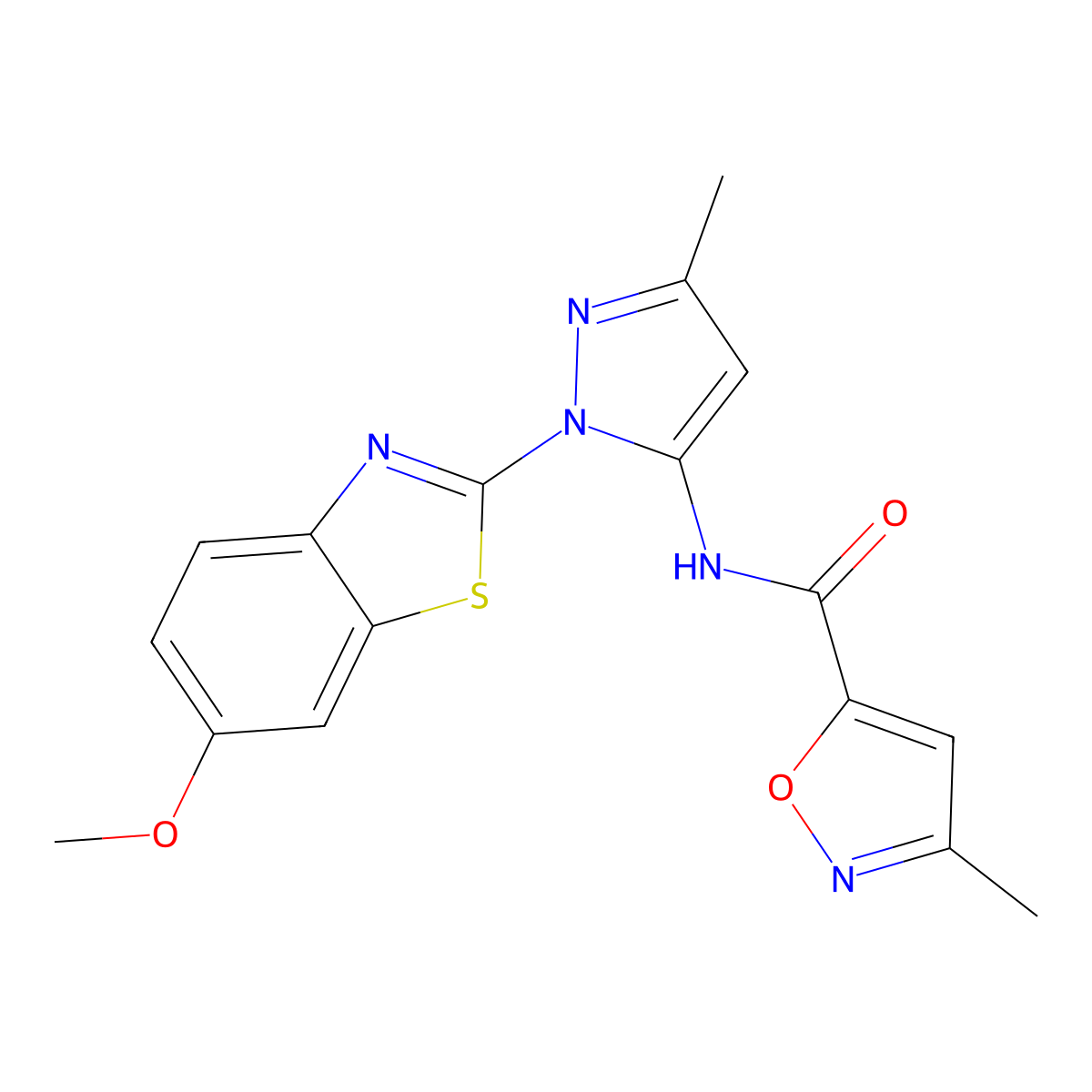 N-[1-(6-methoxy-1,3-benzothiazol-2-yl)-3-methyl-1H-pyrazol-5-yl]-3-methyl-1,2-oxazole-5-carboxamide molecular structure, CAS 1171087-37-8
