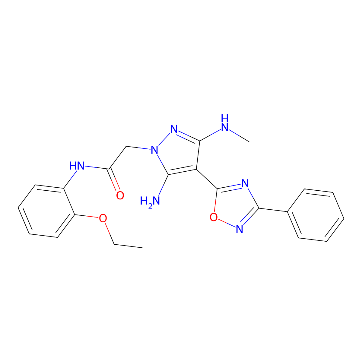 2-[5-amino-3-(methylamino)-4-(3-phenyl-1,2,4-oxadiazol-5-yl)-1H-pyrazol-1-yl]-N-(2-ethoxyphenyl)acetamide molecular structure, CAS 1171088-49-5