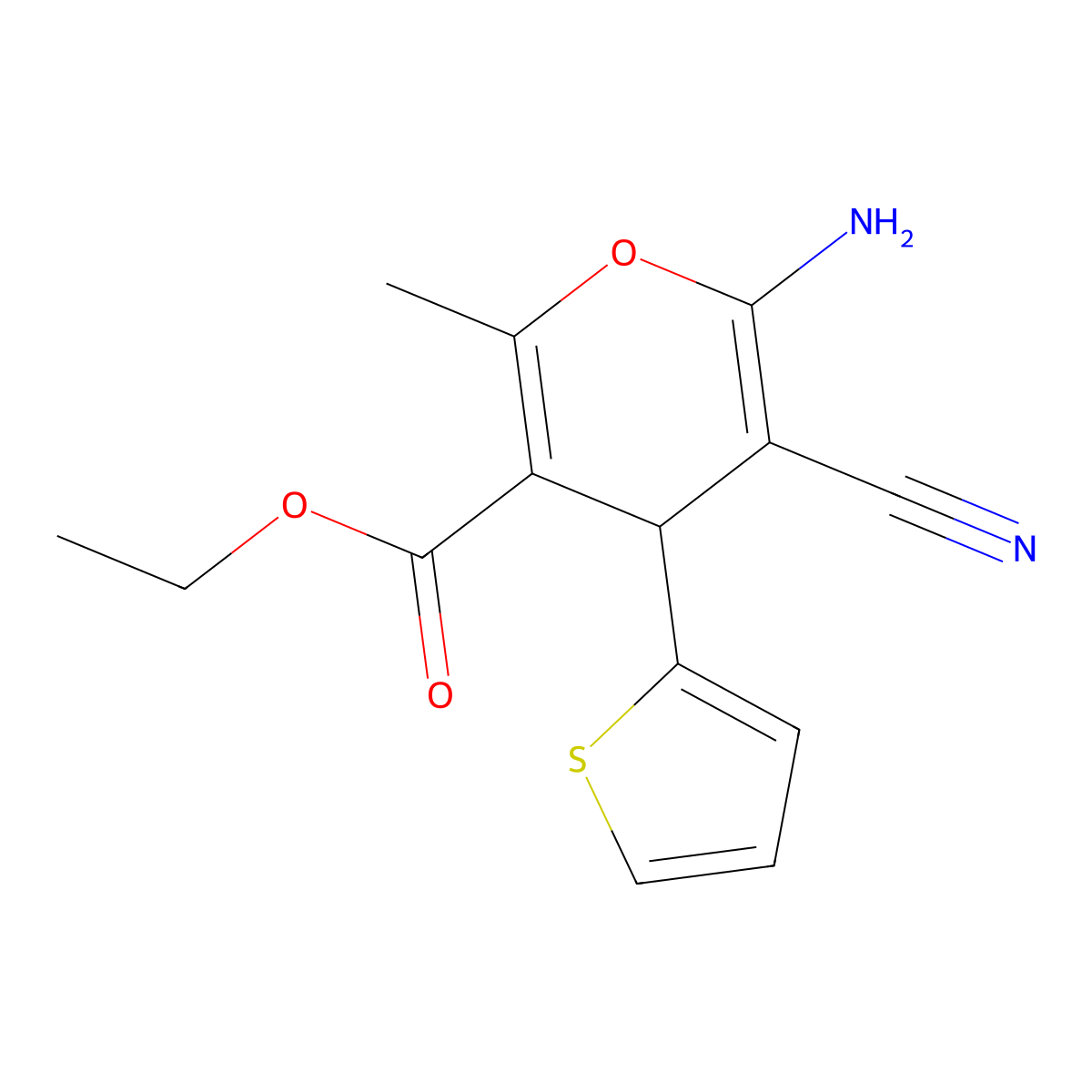 ethyl 6-amino-5-cyano-2-methyl-4-(2-thienyl)-4H-pyran-3-carboxylate molecular structure, CAS 117109-73-6