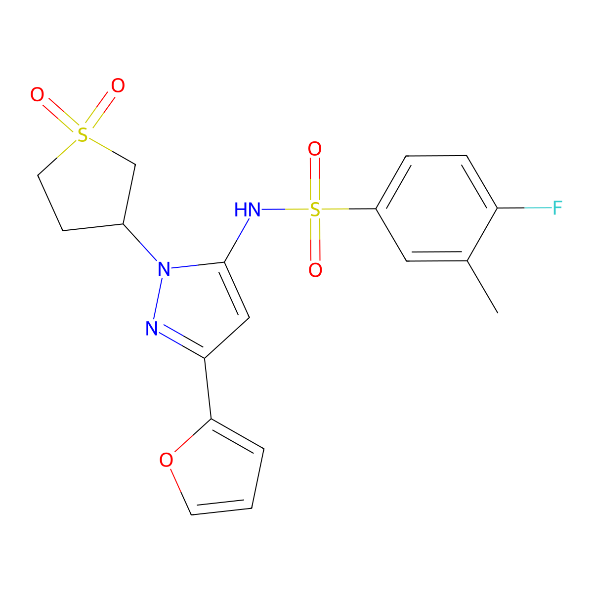 N-[1-(1,1-dioxo-1lambda6-thiolan-3-yl)-3-(furan-2-yl)-1H-pyrazol-5-yl]-4-fluoro-3-methylbenzene-1-sulfonamide molecular structure, CAS 1171090-21-3
