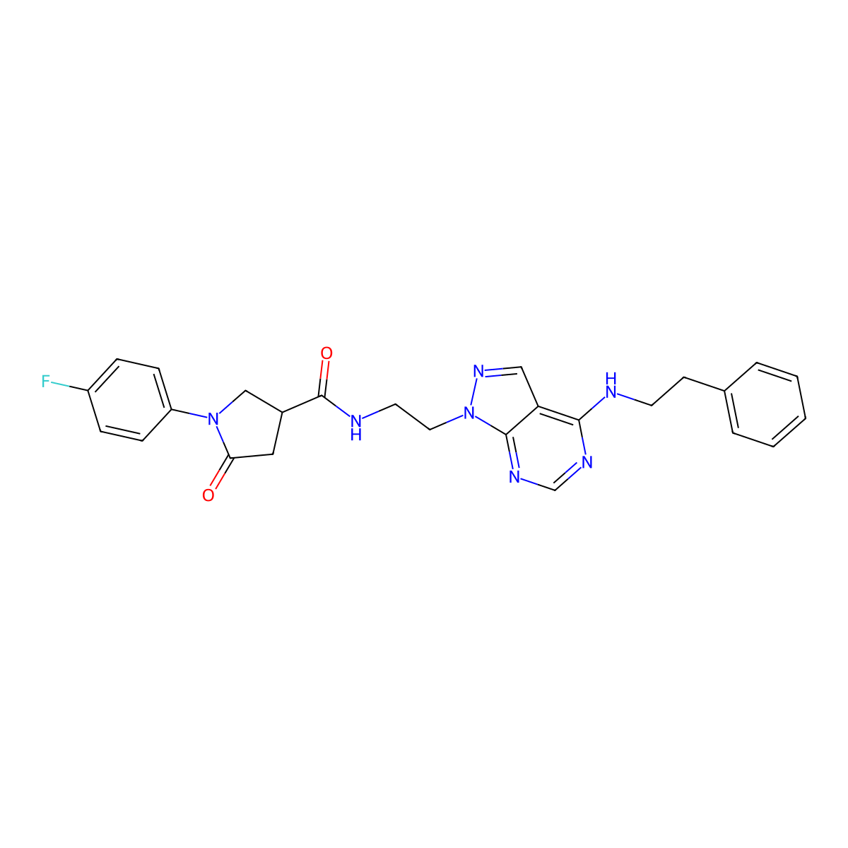 1-(4-fluorophenyl)-5-oxo-N-(2-(4-(phenethylamino)-1H-pyrazolo[3,4-d]pyrimidin-1-yl)ethyl)pyrrolidine-3-carboxamide molecular structure, CAS 1171090-33-7