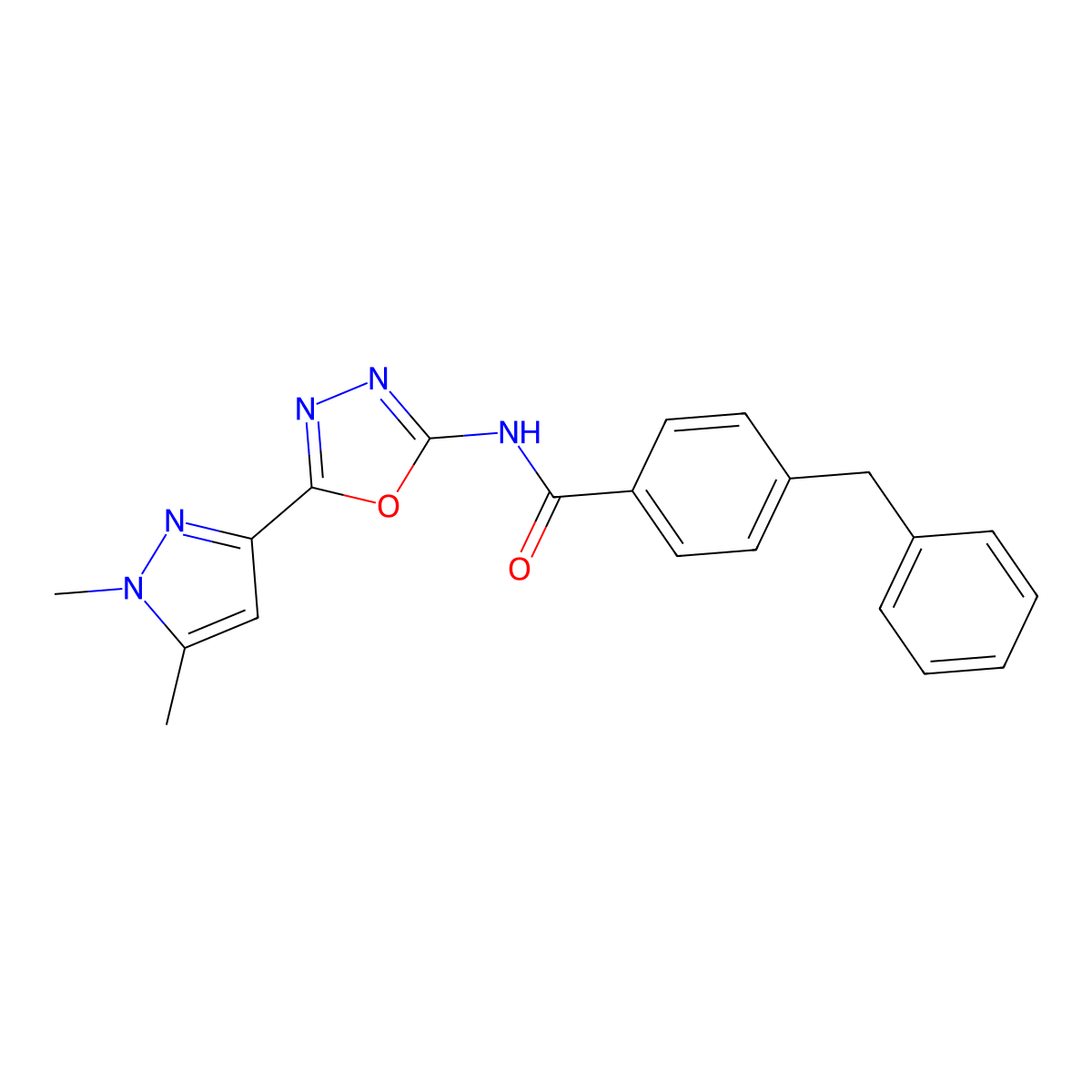 4-benzyl-N-(5-(1,5-dimethyl-1H-pyrazol-3-yl)-1,3,4-oxadiazol-2-yl)benzamide molecular structure, CAS 1171090-35-9