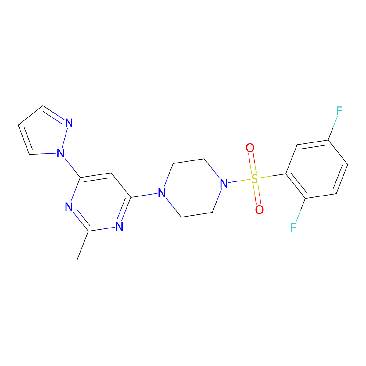 4-(4-((2,5-difluorophenyl)sulfonyl)piperazin-1-yl)-2-methyl-6-(1H-pyrazol-1-yl)pyrimidine molecular structure, CAS 1171090-96-2