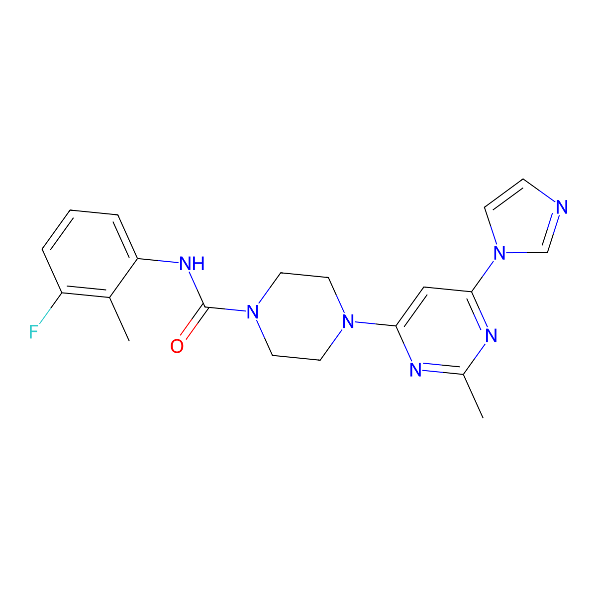 4-(6-(1H-imidazol-1-yl)-2-methylpyrimidin-4-yl)-N-(3-fluoro-2-methylphenyl)piperazine-1-carboxamide molecular structure, CAS 1171092-15-1