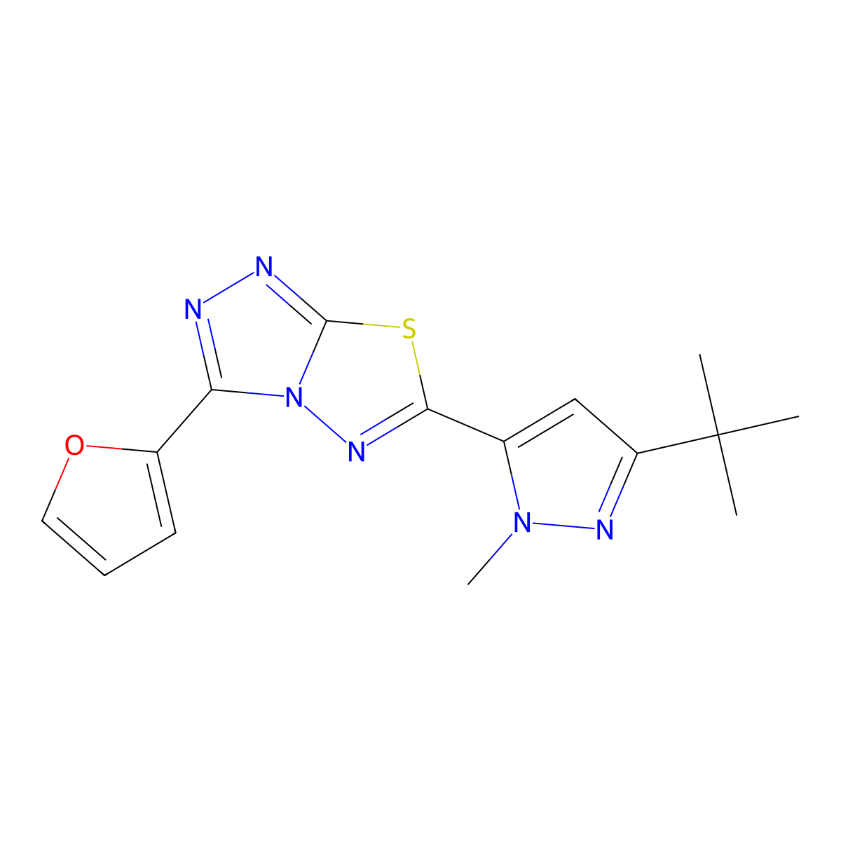 6-(3-tert-butyl-1-methyl-1H-pyrazol-5-yl)-3-(furan-2-yl)[1,2,4]triazolo[3,4-b][1,3,4]thiadiazole molecular structure, CAS 1171093-09-6
