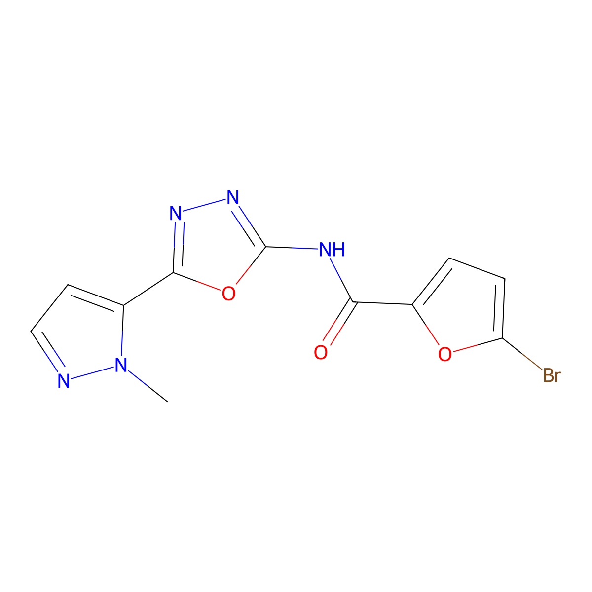 5-bromo-N-(5-(1-methyl-1H-pyrazol-5-yl)-1,3,4-oxadiazol-2-yl)furan-2-carboxamide molecular structure, CAS 1171093-85-8