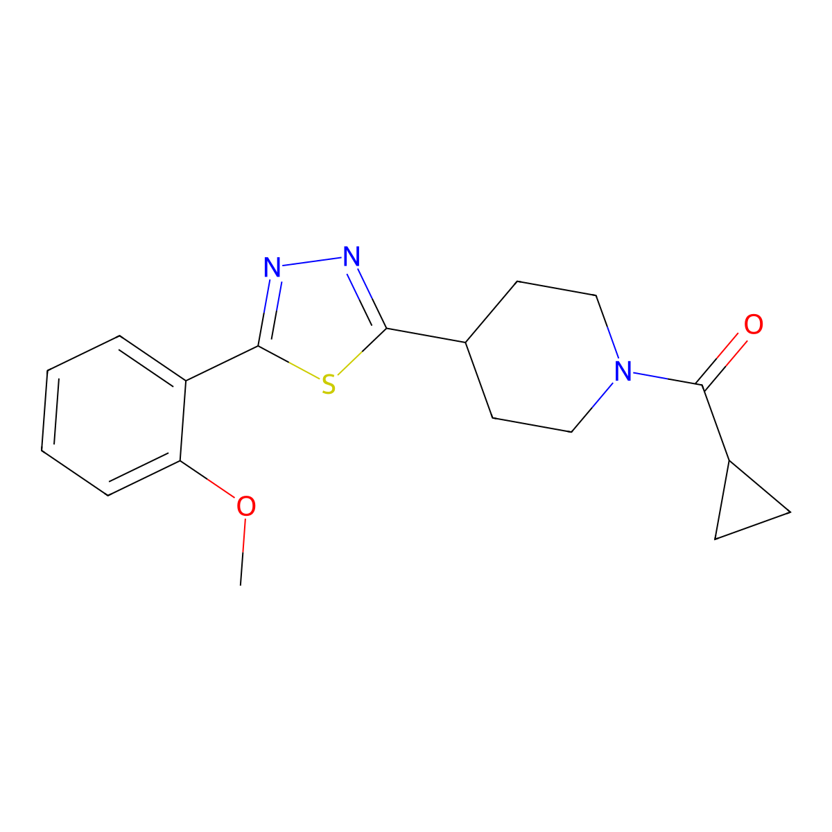Cyclopropyl(4-(5-(2-methoxyphenyl)-1,3,4-thiadiazol-2-yl)piperidin-1-yl)methanone molecular structure, CAS 1171095-95-6