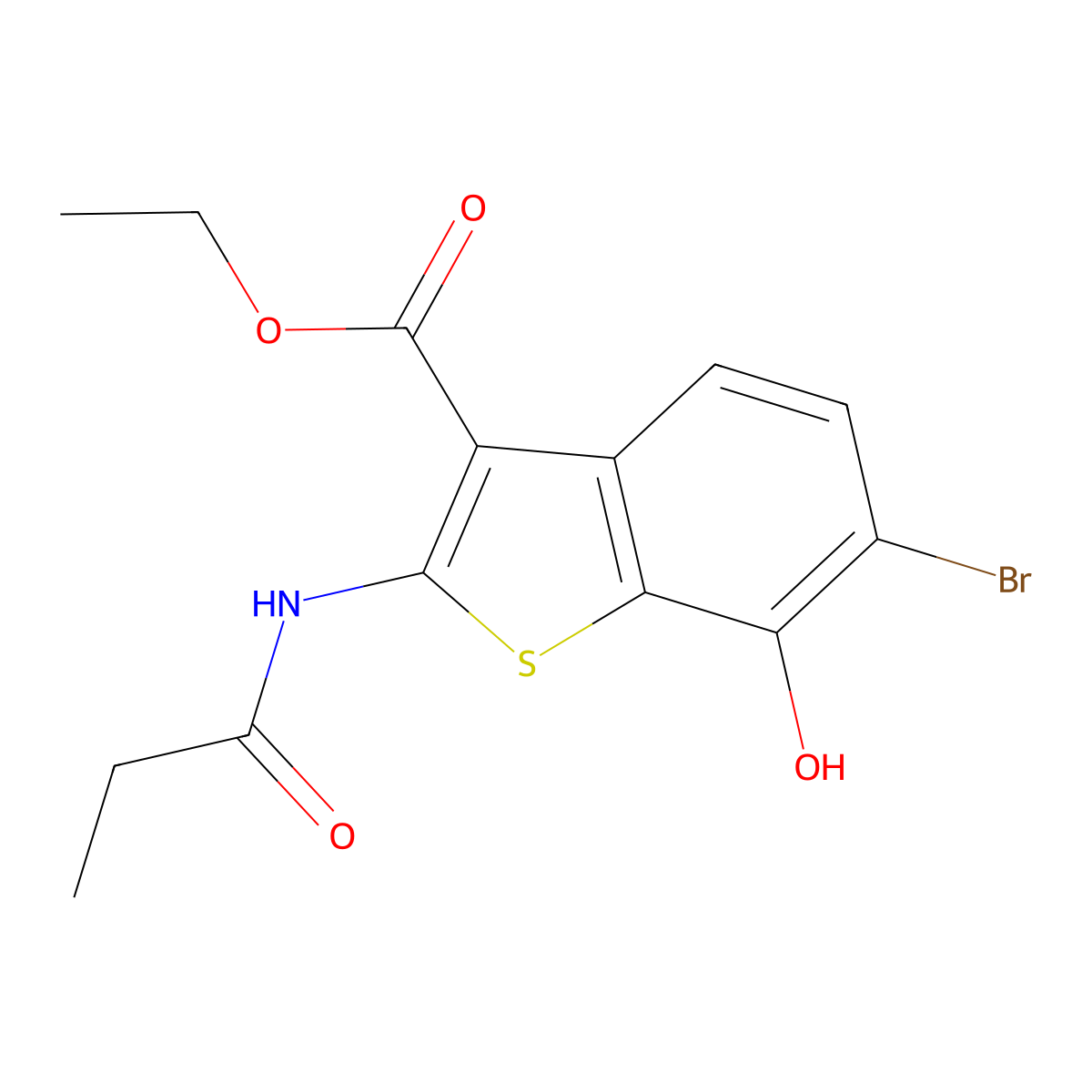 Ethyl 6-bromo-7-hydroxy-2-(propionylamino)-1-benzothiophene-3-carboxylate molecular structure, CAS 1171096-22-2