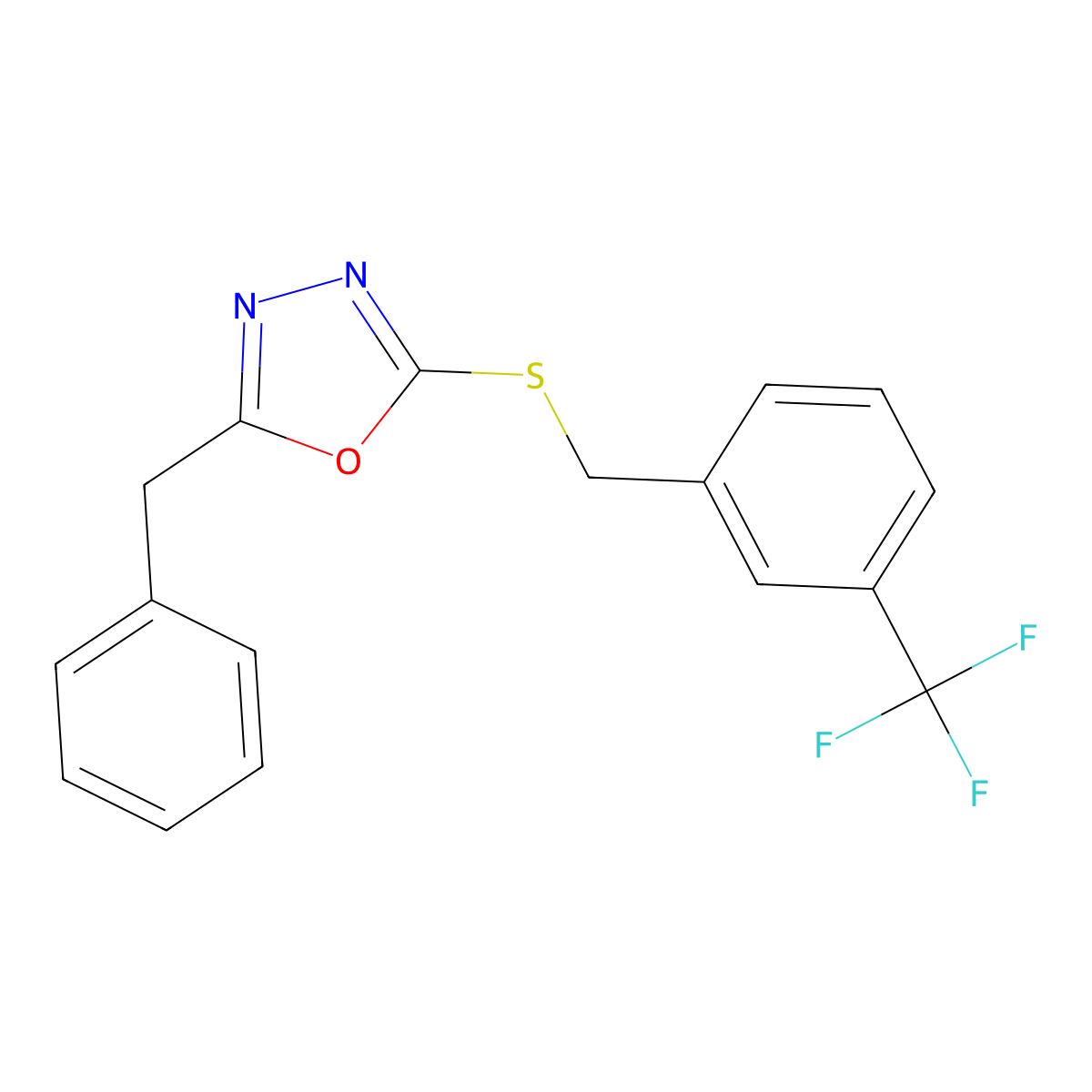 2-Benzyl-5-((3-(trifluoromethyl)benzyl)thio)-1,3,4-oxadiazole molecular structure, CAS 1171096-23-3