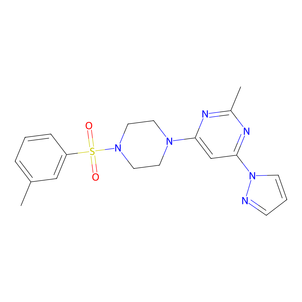 2-methyl-4-(1H-pyrazol-1-yl)-6-(4-(m-tolylsulfonyl)piperazin-1-yl)pyrimidine molecular structure, CAS 1171098-78-4