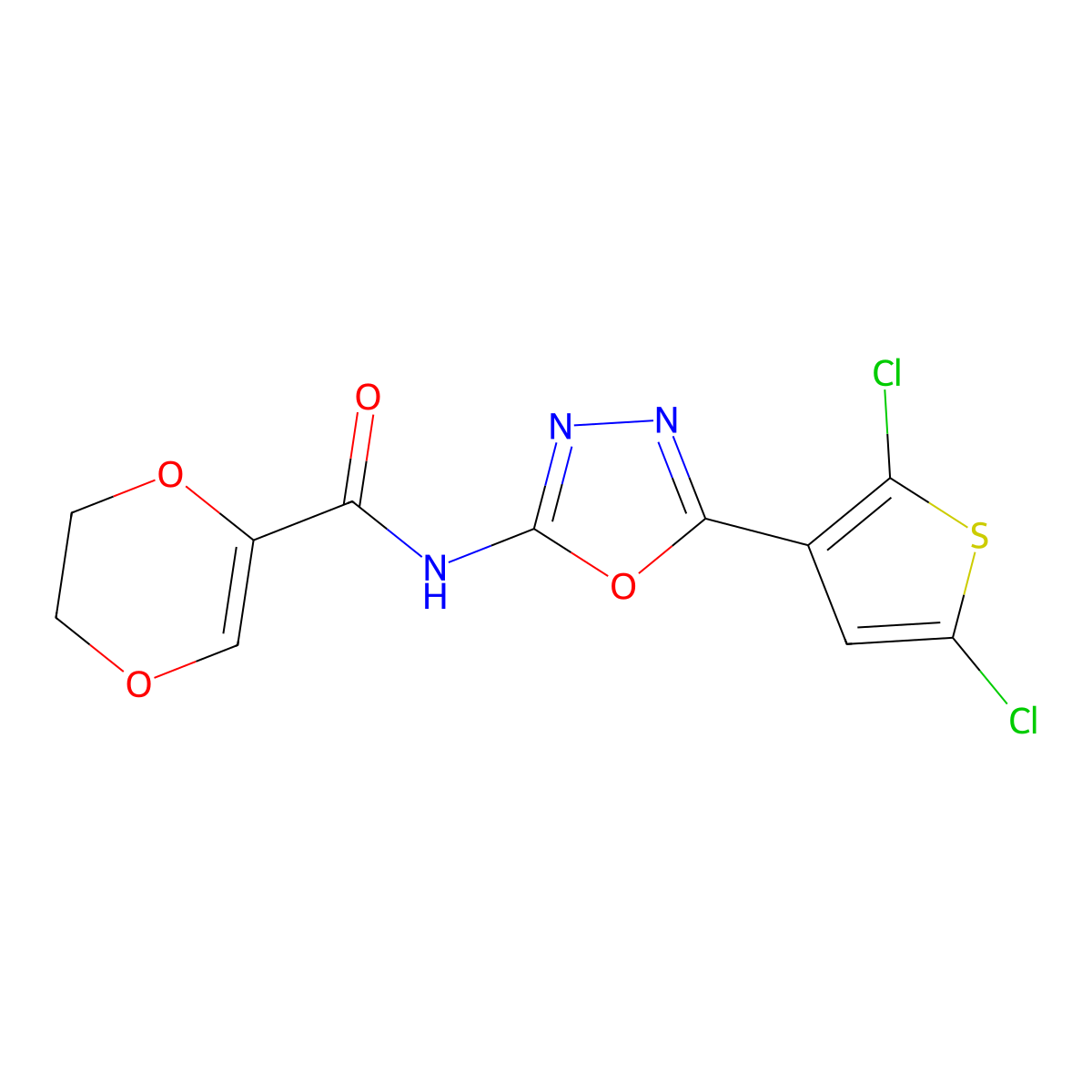 N-[5-(2,5-dichlorothiophen-3-yl)-1,3,4-oxadiazol-2-yl]-5,6-dihydro-1,4-dioxine-2-carboxamide molecular structure, CAS 1171100-82-5