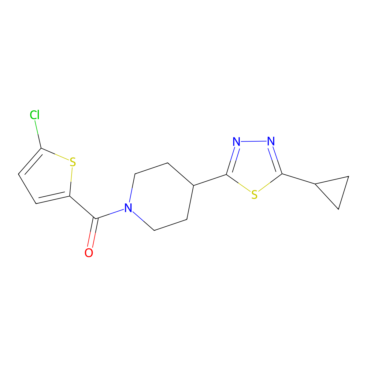 (5-Chlorothiophen-2-yl)(4-(5-cyclopropyl-1,3,4-thiadiazol-2-yl)piperidin-1-yl)methanone molecular structure, CAS 1171136-71-2