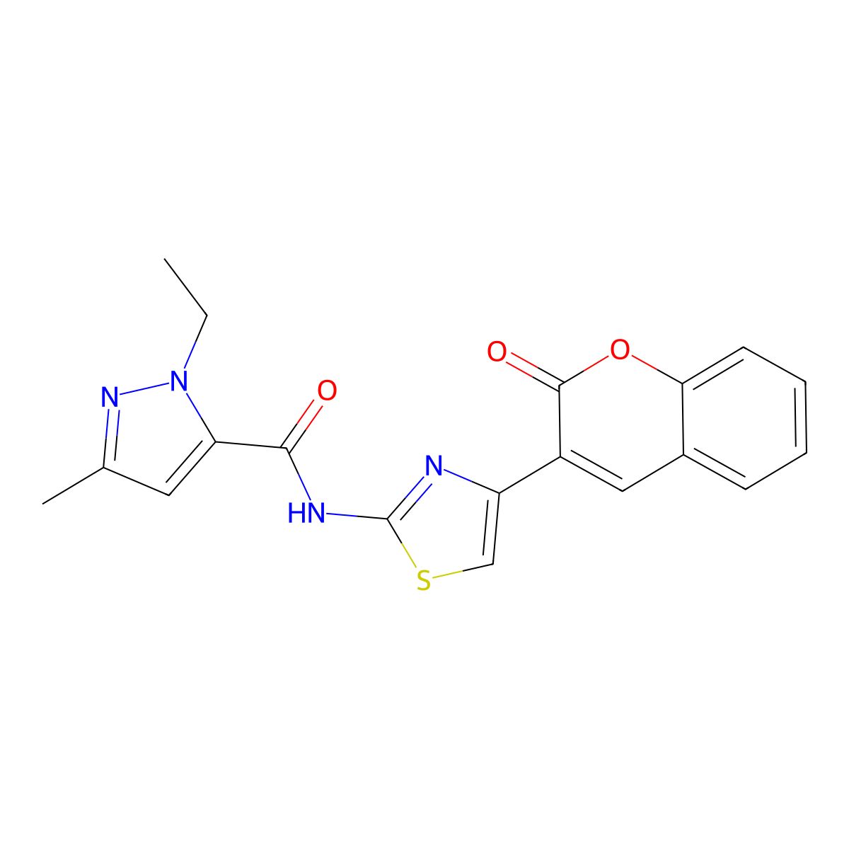 1-ethyl-3-methyl-N-(4-(2-oxo-2H-chromen-3-yl)thiazol-2-yl)-1H-pyrazole-5-carboxamide molecular structure, CAS 1171138-17-2