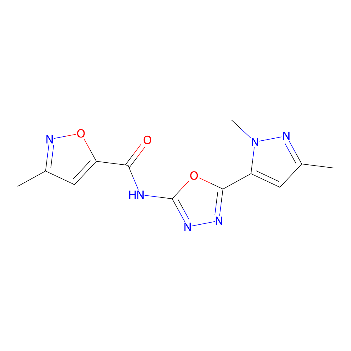 N-(5-(1,3-dimethyl-1H-pyrazol-5-yl)-1,3,4-oxadiazol-2-yl)-3-methylisoxazole-5-carboxamide molecular structure, CAS 1171142-86-1