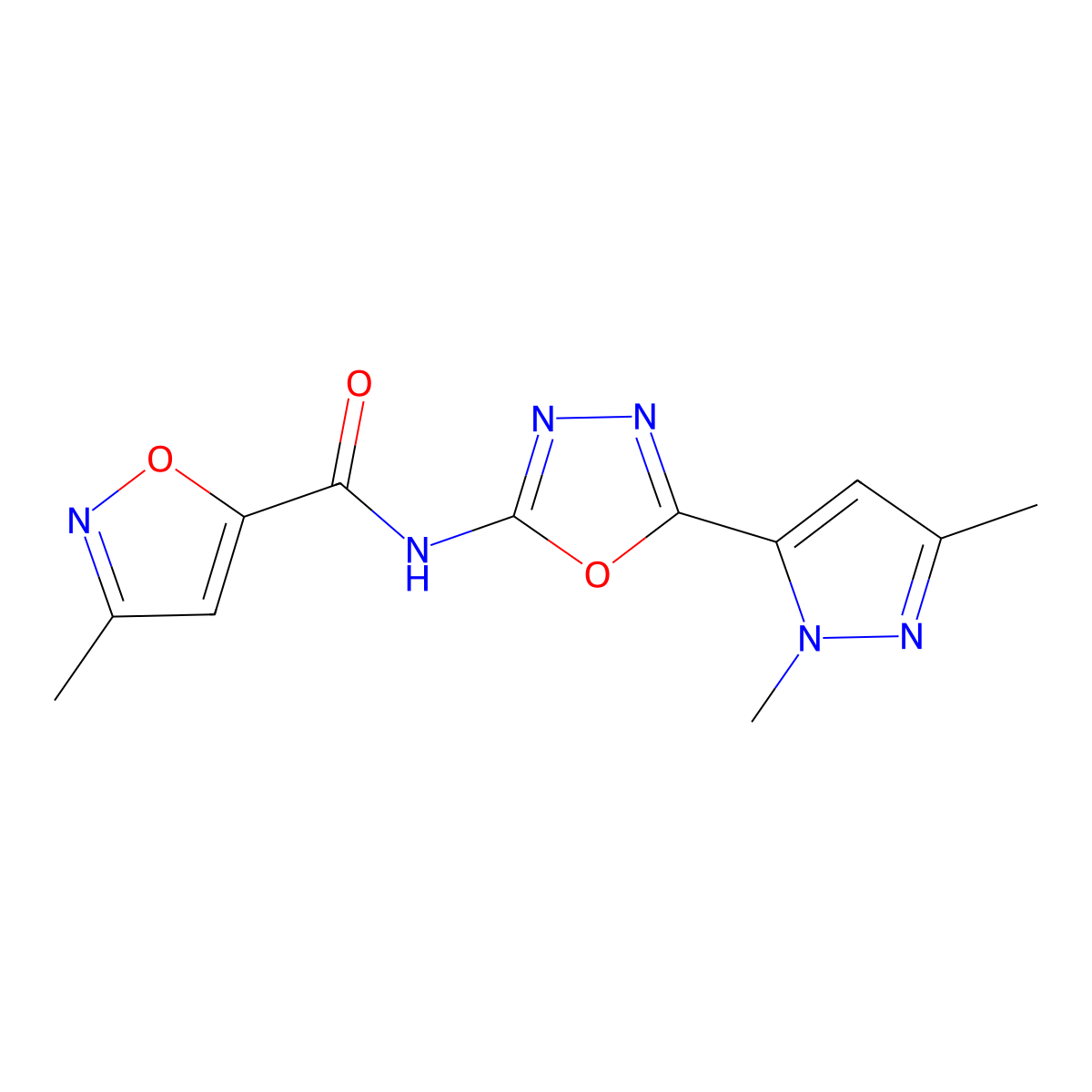 N-(5-(1,3-dimethyl-1H-pyrazol-5-yl)-1,3,4-oxadiazol-2-yl)-3-methylisoxazole-5-carboxamide molecular structure, CAS 1171142-86-1
