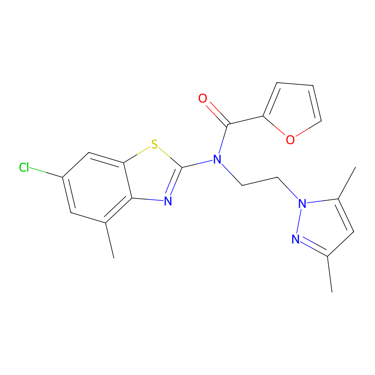 N-(6-chloro-4-methylbenzo[d]thiazol-2-yl)-N-(2-(3,5-dimethyl-1H-pyrazol-1-yl)ethyl)furan-2-carboxamide molecular structure, CAS 1171146-79-4