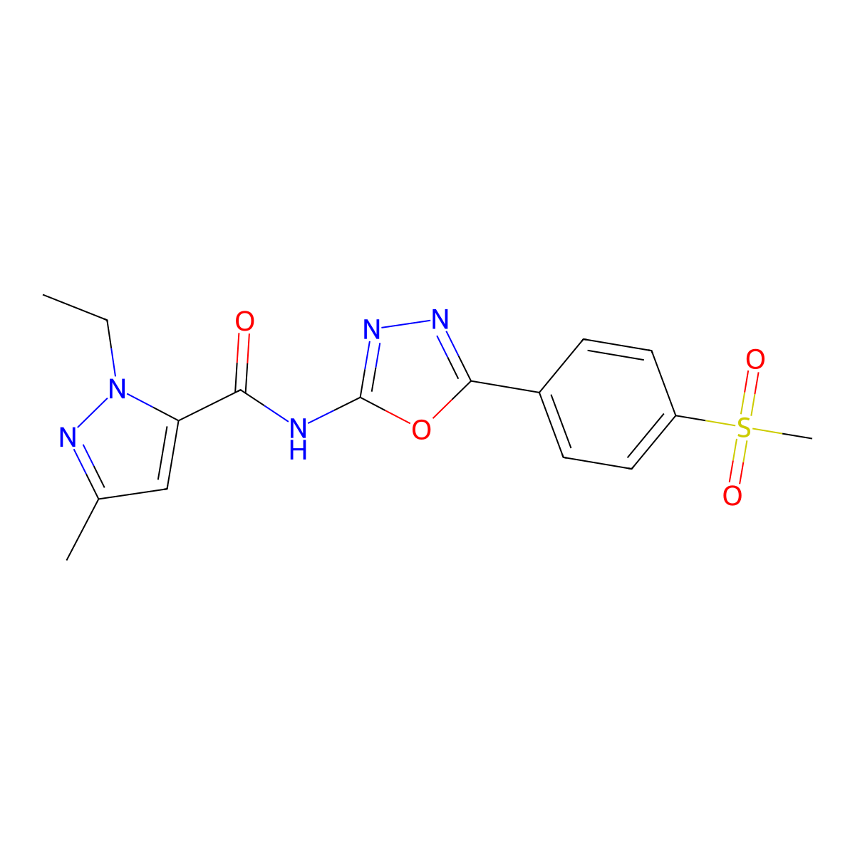 1-ethyl-N-[5-(4-methanesulfonylphenyl)-1,3,4-oxadiazol-2-yl]-3-methyl-1H-pyrazole-5-carboxamide molecular structure, CAS 1171148-26-7