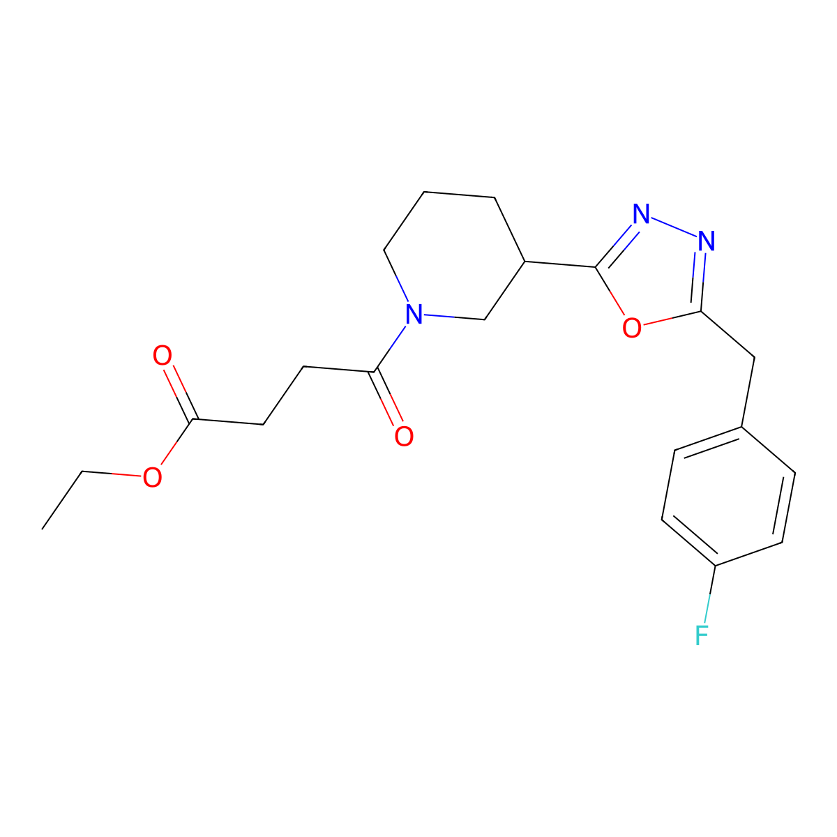 Ethyl 4-(3-(5-(4-fluorobenzyl)-1,3,4-oxadiazol-2-yl)piperidin-1-yl)-4-oxobutanoate molecular structure, CAS 1171148-80-3