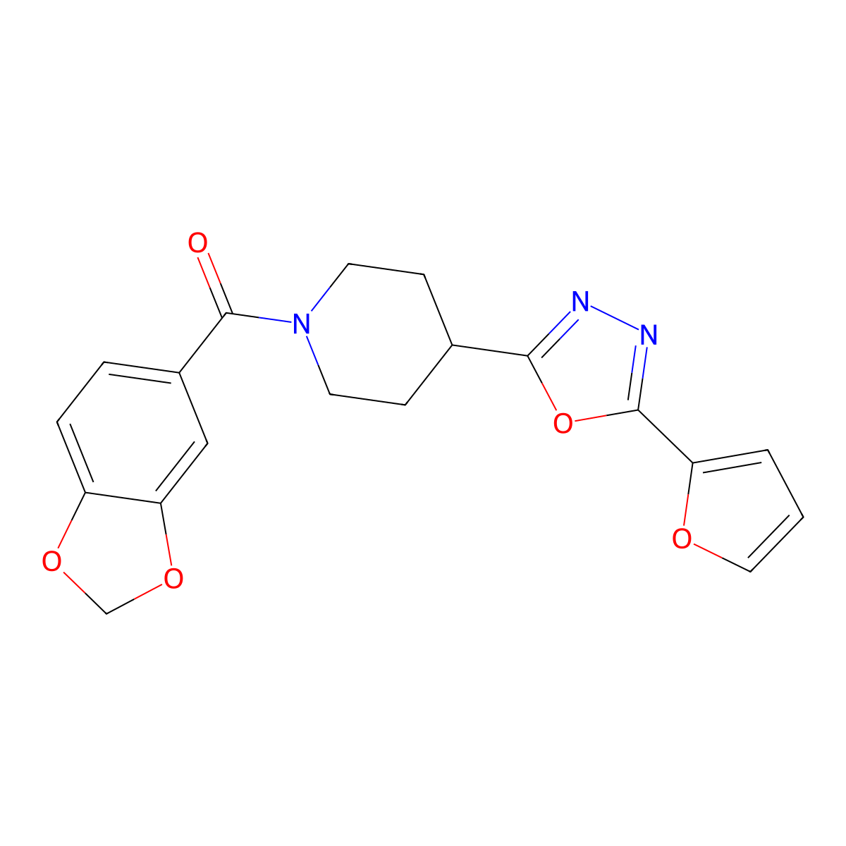 Benzo[d][1,3]dioxol-5-yl(4-(5-(furan-2-yl)-1,3,4-oxadiazol-2-yl)piperidin-1-yl)methanone molecular structure, CAS 1171149-33-9
