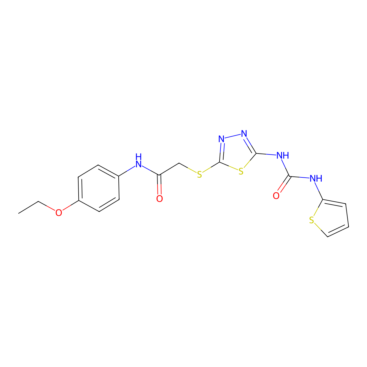 N-(4-ethoxyphenyl)-2-((5-(3-(thiophen-2-yl)ureido)-1,3,4-thiadiazol-2-yl)thio)acetamide molecular structure, CAS 1171150-42-7