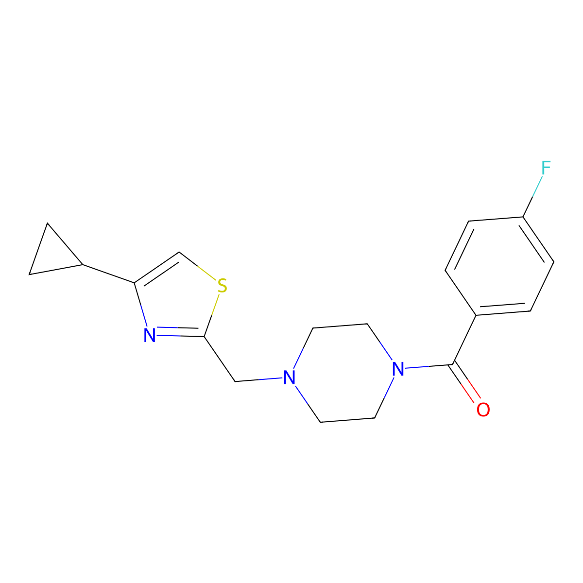 (4-((4-Cyclopropylthiazol-2-yl)methyl)piperazin-1-yl)(4-fluorophenyl)methanone molecular structure, CAS 1171153-65-3