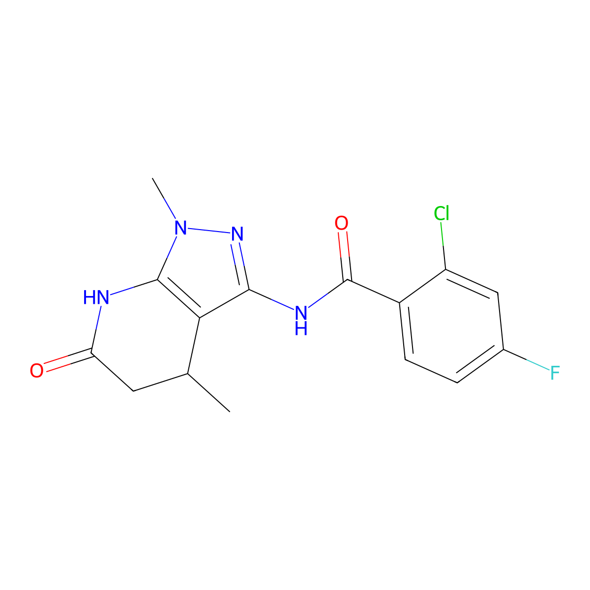 2-chloro-N-(1,4-dimethyl-6-oxo-4,5,6,7-tetrahydro-1H-pyrazolo[3,4-b]pyridin-3-yl)-4-fluorobenzamide molecular structure, CAS 1171153-78-8