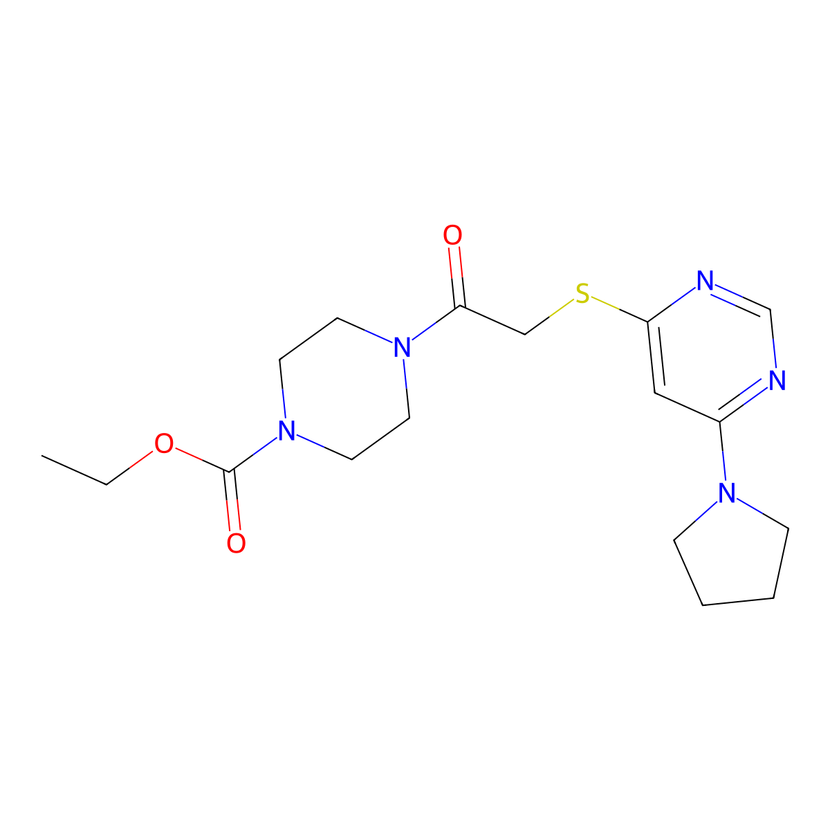 Ethyl 4-(2-((6-(pyrrolidin-1-yl)pyrimidin-4-yl)thio)acetyl)piperazine-1-carboxylate molecular structure, CAS 1171158-29-4