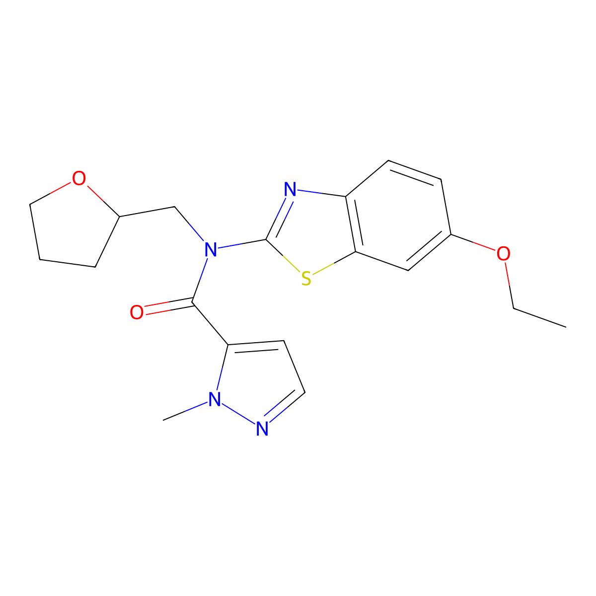 N-(6-ethoxybenzo[d]thiazol-2-yl)-1-methyl-N-((tetrahydrofuran-2-yl)methyl)-1H-pyrazole-5-carboxamide molecular structure, CAS 1171158-31-8