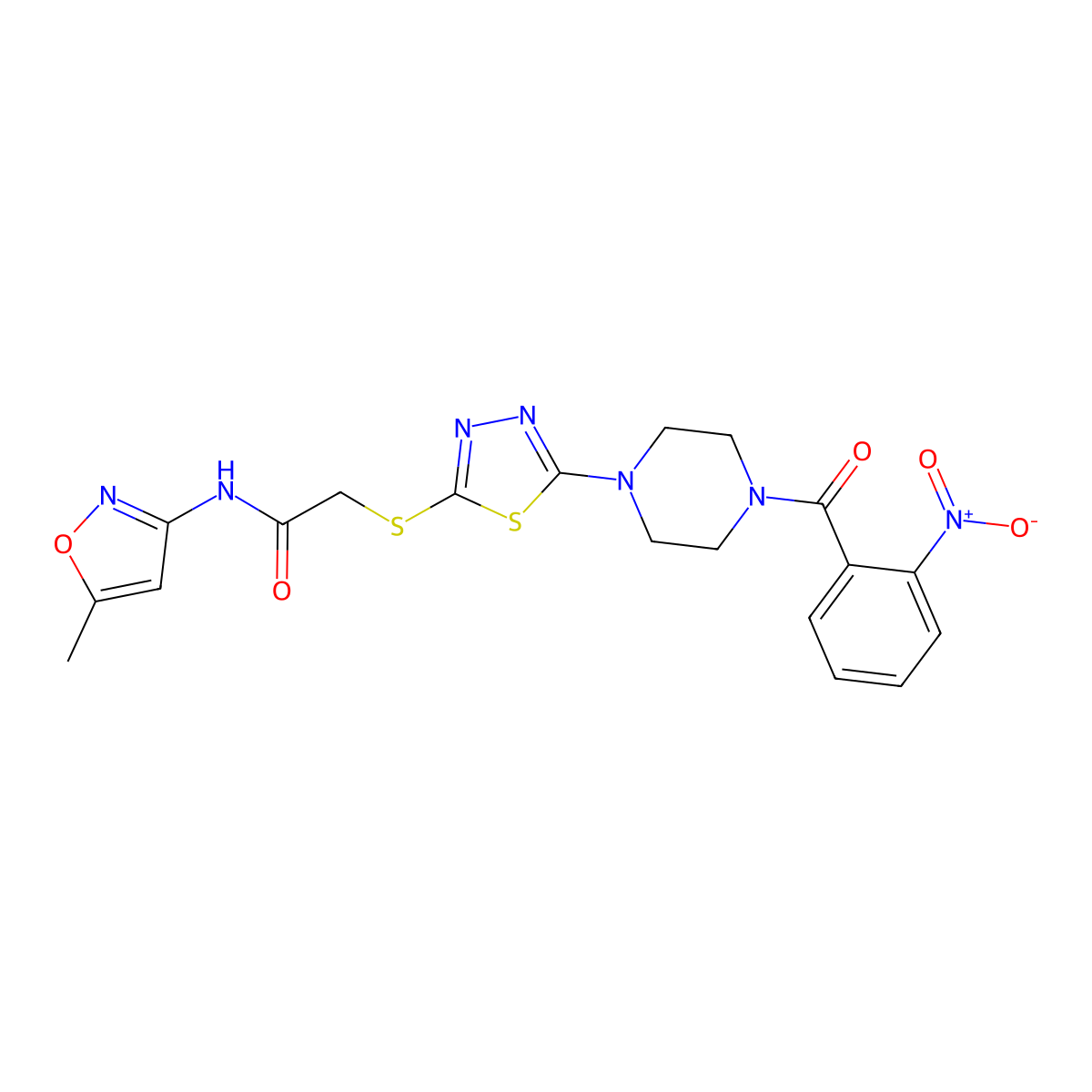 N-(5-methylisoxazol-3-yl)-2-((5-(4-(2-nitrobenzoyl)piperazin-1-yl)-1,3,4-thiadiazol-2-yl)thio)acetamide molecular structure, CAS 1171159-02-6