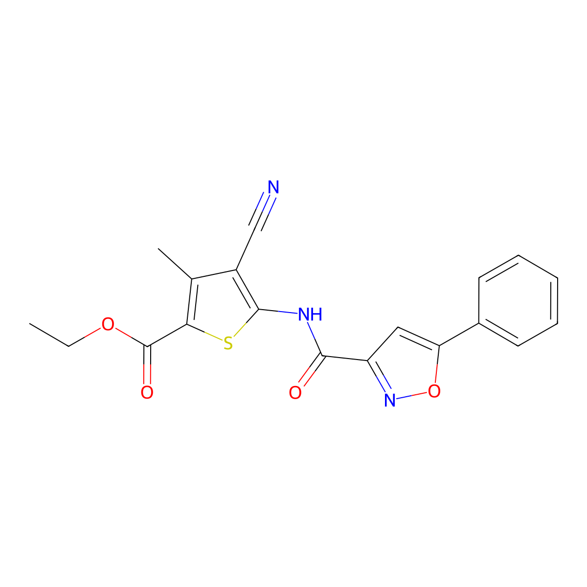 Ethyl 4-cyano-3-methyl-5-(5-phenylisoxazole-3-carboxamido)thiophene-2-carboxylate molecular structure, CAS 1171161-18-4