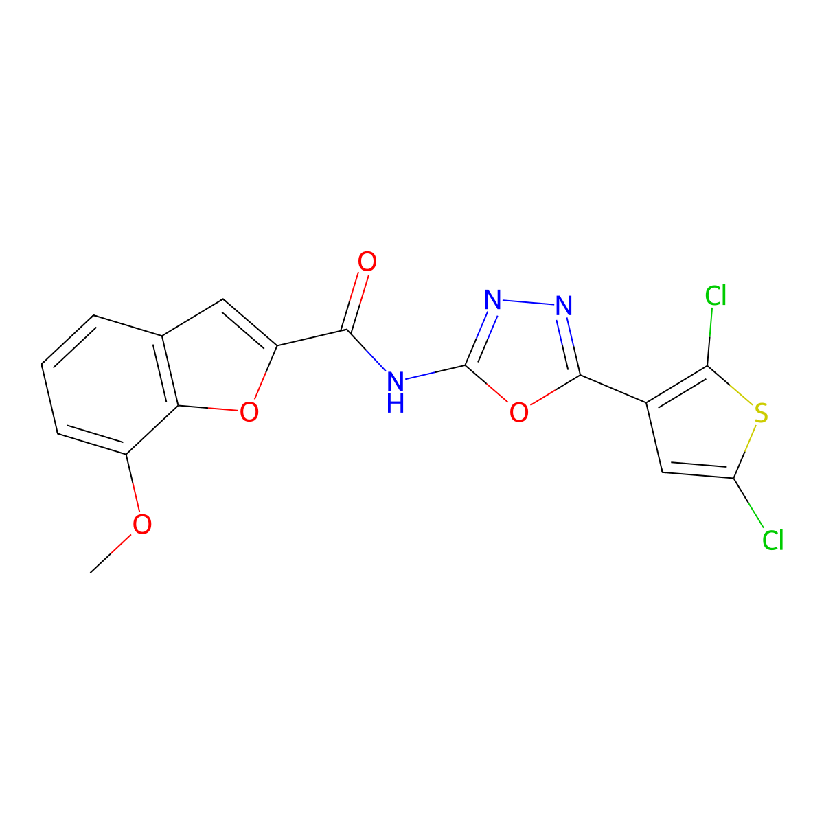 N-(5-(2,5-dichlorothiophen-3-yl)-1,3,4-oxadiazol-2-yl)-7-methoxybenzofuran-2-carboxamide molecular structure, CAS 1171163-22-6
