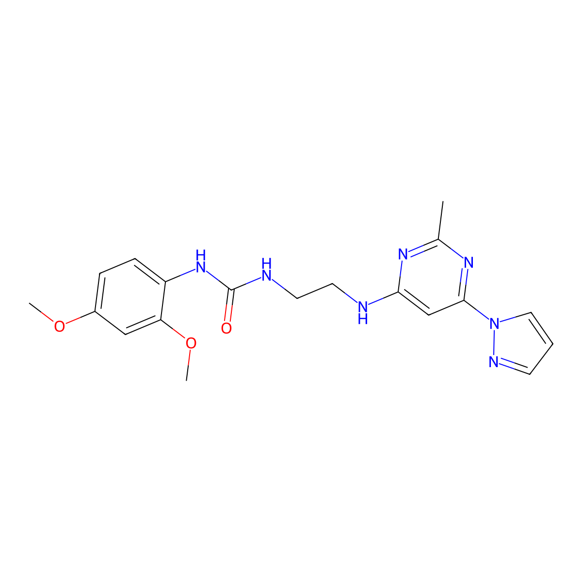 1-(2,4-dimethoxyphenyl)-3-(2-((2-methyl-6-(1H-pyrazol-1-yl)pyrimidin-4-yl)amino)ethyl)urea molecular structure, CAS 1171165-76-6