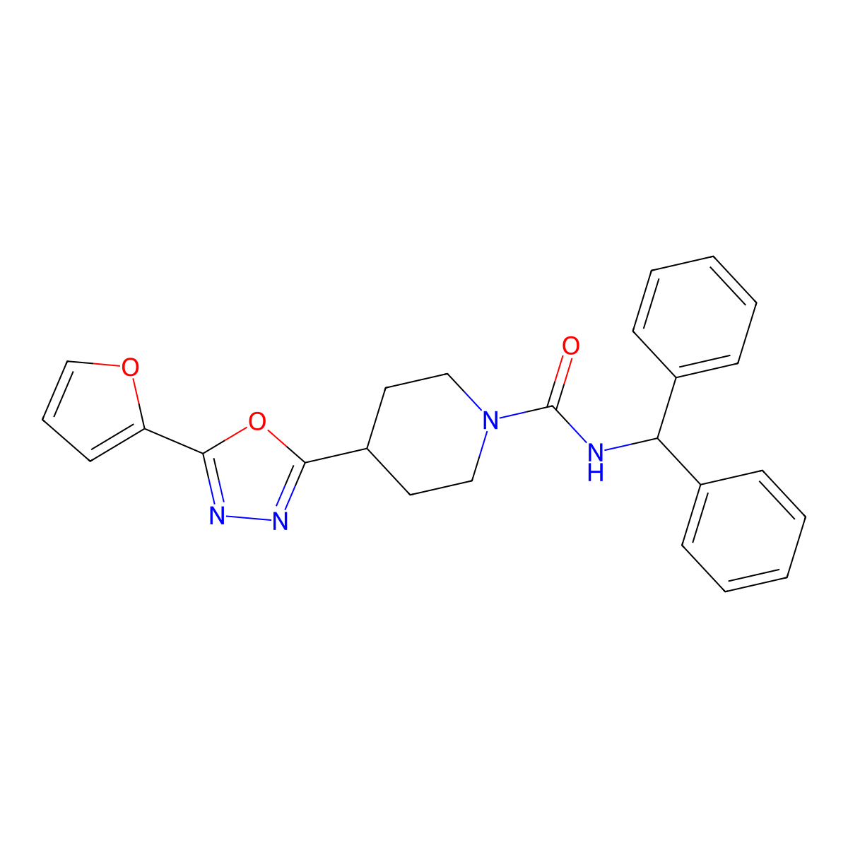 N-benzhydryl-4-(5-(furan-2-yl)-1,3,4-oxadiazol-2-yl)piperidine-1-carboxamide molecular structure, CAS 1171167-01-3
