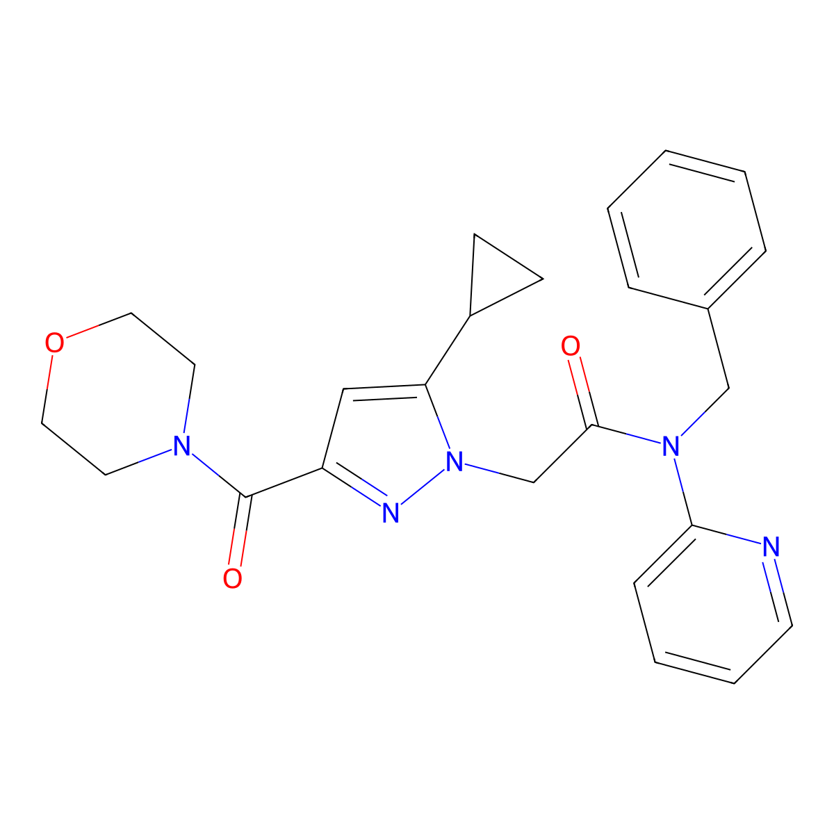 N-benzyl-2-(5-cyclopropyl-3-(morpholine-4-carbonyl)-1H-pyrazol-1-yl)-N-(pyridin-2-yl)acetamide molecular structure, CAS 1171169-74-6