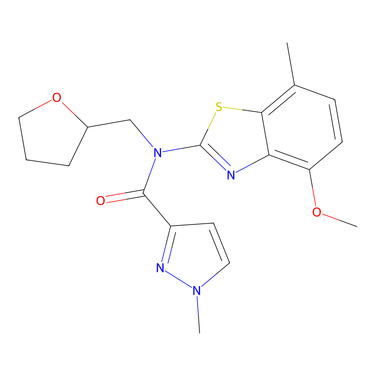 N-(4-methoxy-7-methylbenzo[d]thiazol-2-yl)-1-methyl-N-((tetrahydrofuran-2-yl)methyl)-1H-pyrazole-3-carboxamide molecular structure, CAS 1171171-05-3