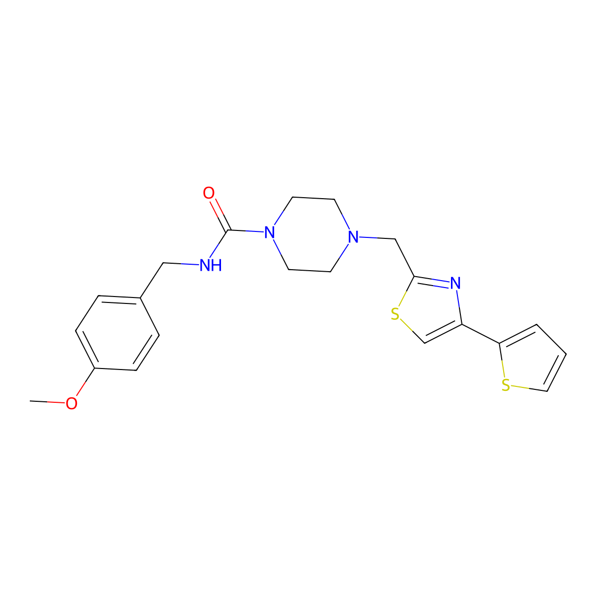 N-(4-methoxybenzyl)-4-((4-(thiophen-2-yl)thiazol-2-yl)methyl)piperazine-1-carboxamide molecular structure, CAS 1171171-71-3