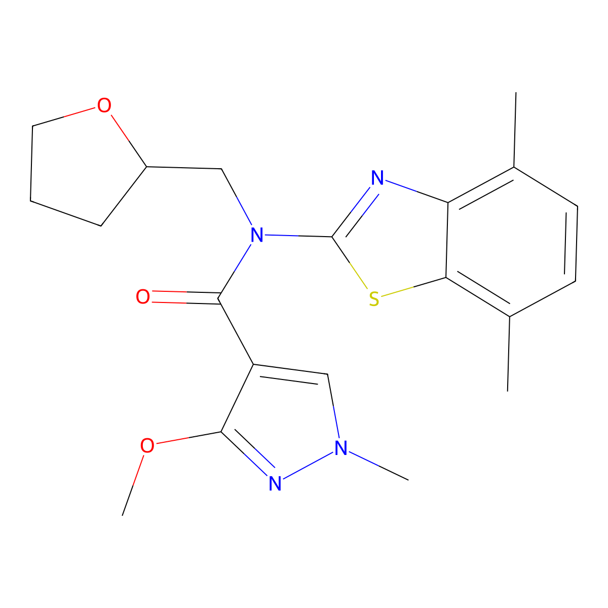 N-(4,7-dimethyl-1,3-benzothiazol-2-yl)-3-methoxy-1-methyl-N-[(oxolan-2-yl)methyl]-1H-pyrazole-4-carboxamide molecular structure, CAS 1171171-78-0