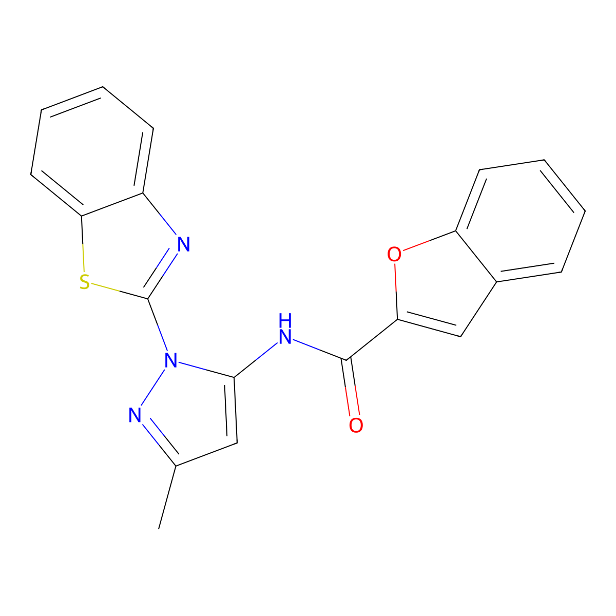 N-(1-(benzo[d]thiazol-2-yl)-3-methyl-1H-pyrazol-5-yl)benzofuran-2-carboxamide molecular structure, CAS 1171176-93-4