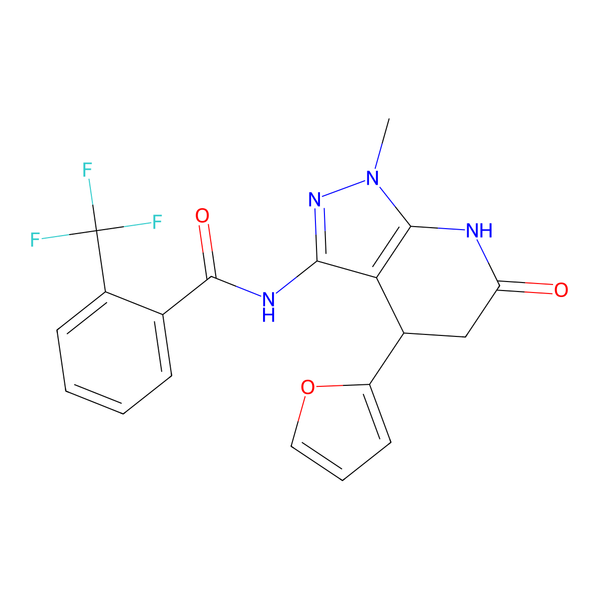N-(4-(furan-2-yl)-1-methyl-6-oxo-4,5,6,7-tetrahydro-1H-pyrazolo[3,4-b]pyridin-3-yl)-2-(trifluoromethyl)benzamide molecular structure, CAS 1171178-54-3