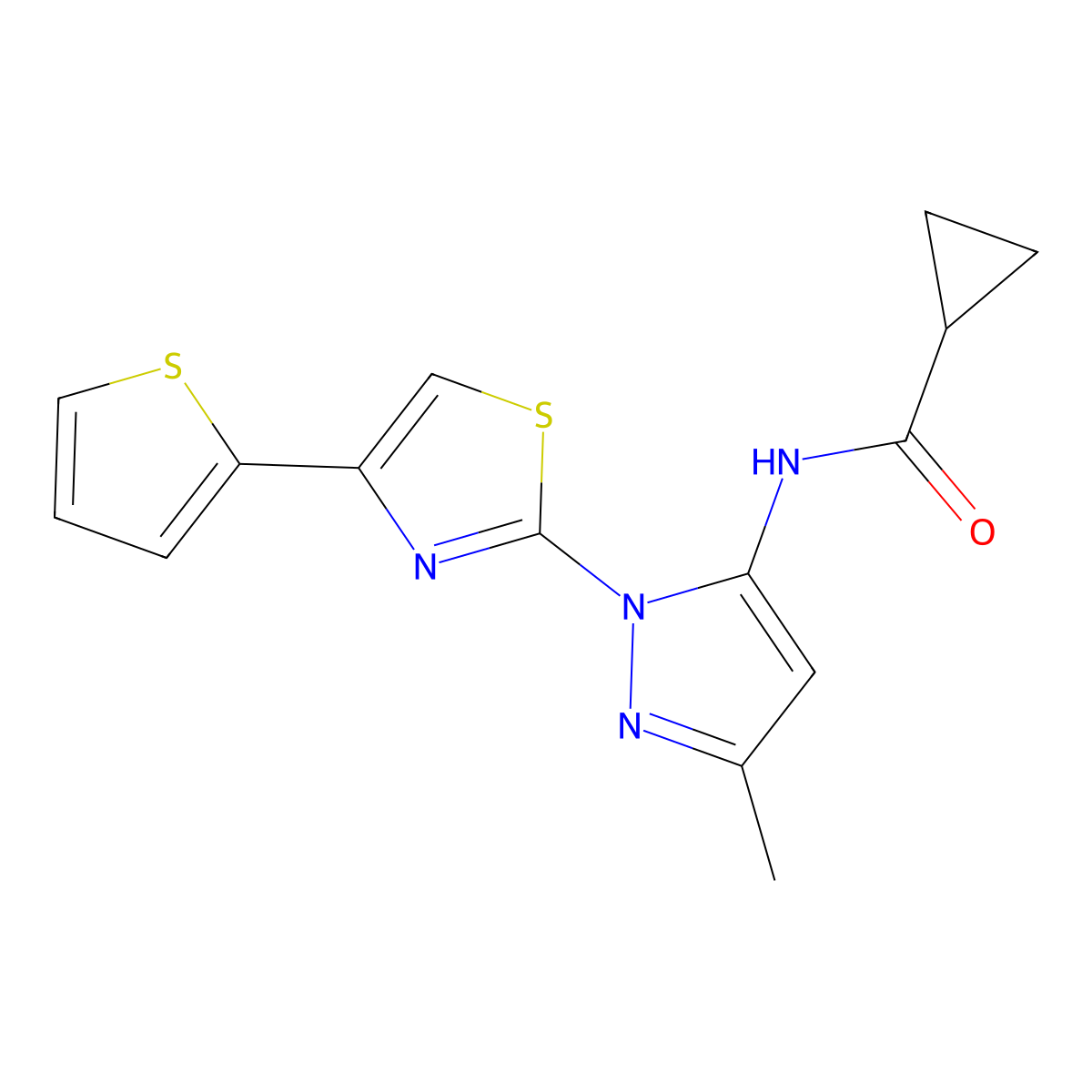 N-(3-methyl-1-(4-(thiophen-2-yl)thiazol-2-yl)-1H-pyrazol-5-yl)cyclopropanecarboxamide molecular structure, CAS 1171179-67-1