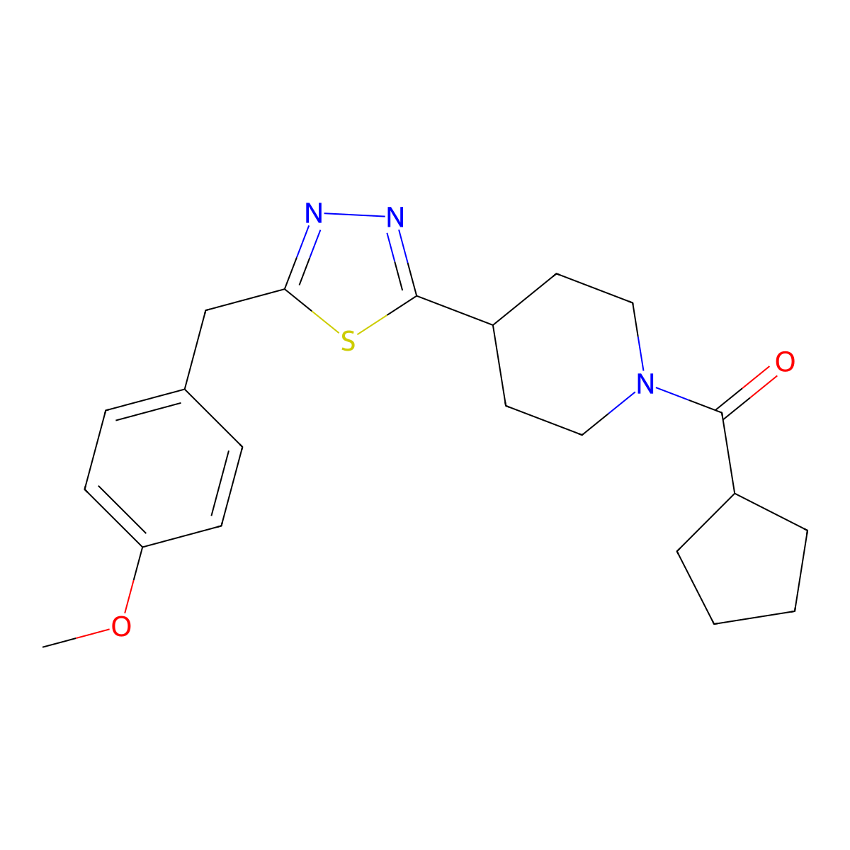 Cyclopentyl(4-(5-(4-methoxybenzyl)-1,3,4-thiadiazol-2-yl)piperidin-1-yl)methanone molecular structure, CAS 1171180-63-4