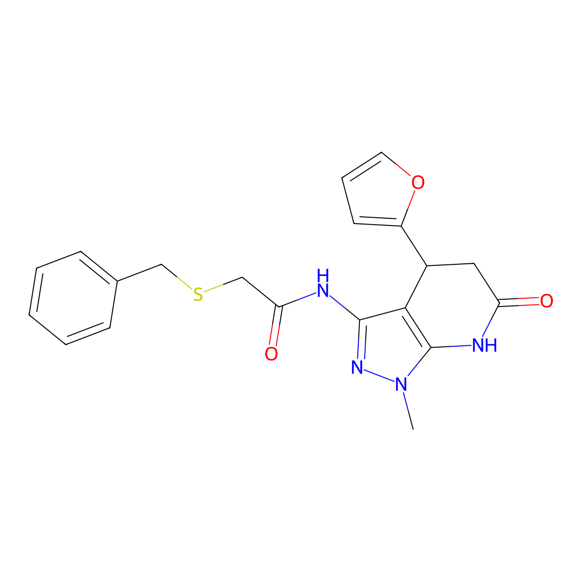 2-(benzylthio)-N-(4-(furan-2-yl)-1-methyl-6-oxo-4,5,6,7-tetrahydro-1H-pyrazolo[3,4-b]pyridin-3-yl)acetamide molecular structure, CAS 1171181-69-3