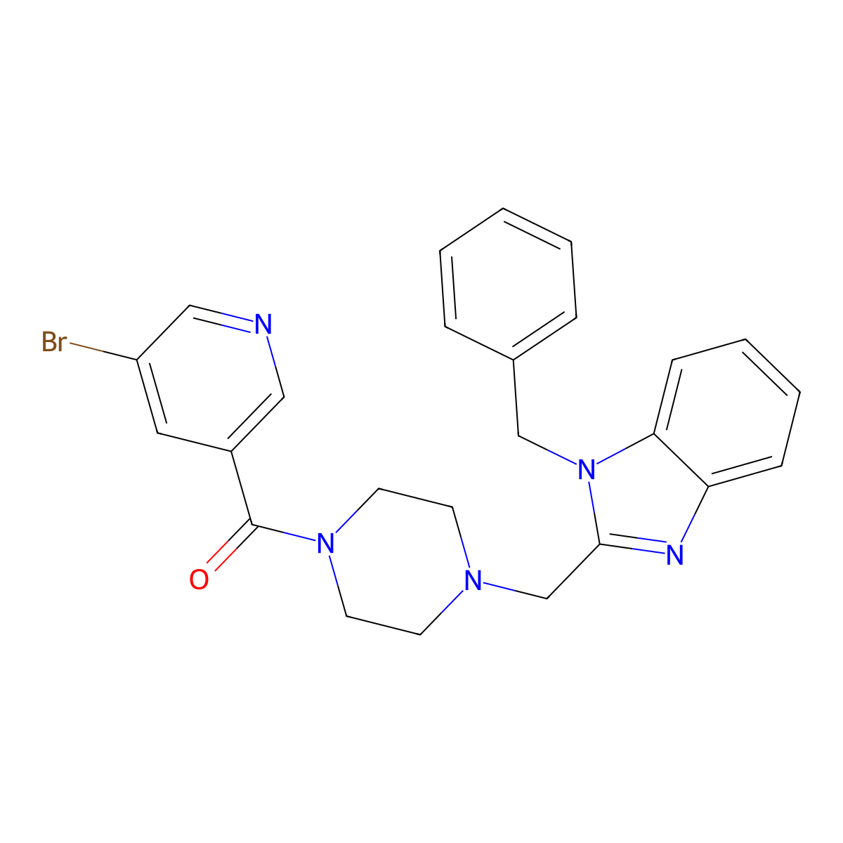 (4-((1-benzyl-1H-benzo[d]imidazol-2-yl)methyl)piperazin-1-yl)(5-bromopyridin-3-yl)methanone molecular structure, CAS 1171183-12-2