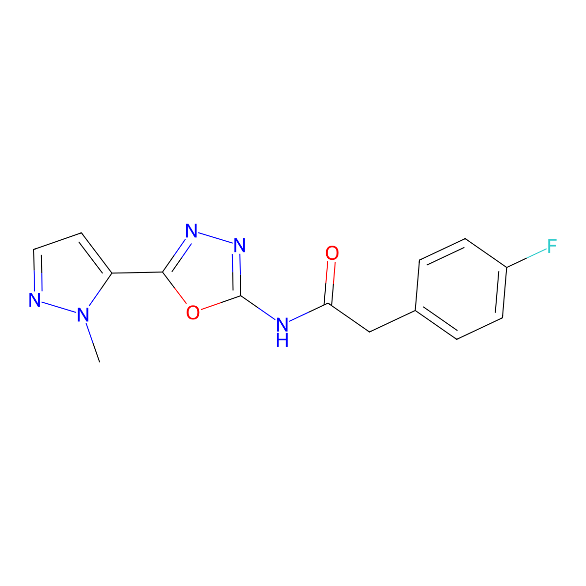 2-(4-fluorophenyl)-N-(5-(1-methyl-1H-pyrazol-5-yl)-1,3,4-oxadiazol-2-yl)acetamide molecular structure, CAS 1171184-71-6