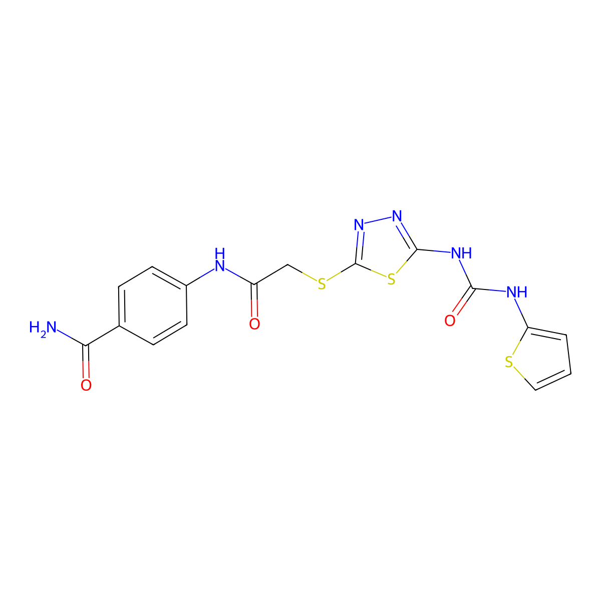 4-(2-((5-(3-(Thiophen-2-yl)ureido)-1,3,4-thiadiazol-2-yl)thio)acetamido)benzamide molecular structure, CAS 1171187-78-2